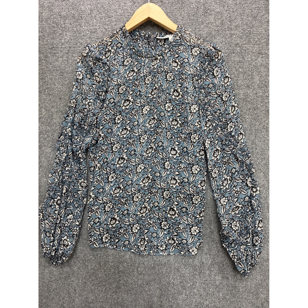Veronica Beard Blue Floral Silk Ruffle Sleeve Blouse Mock Neck Top Size 6